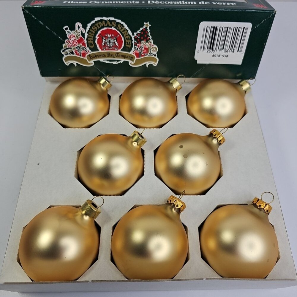 Hudson Bay Co Vintage Glass Christmas Ornaments Rauch USA 8pcs Gold With Box VTG